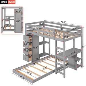 Merax Twin Over Twin Bunk Bed with 2 Desk and 4 Storage Drawers and Built-in Shelves, Wood Loft Bed Frame for Teens, No Box Spring Need, Grey