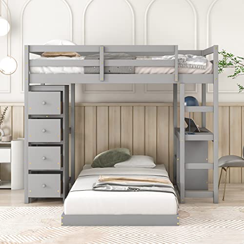 Merax Twin Over Twin Bunk Bed with 2 Desk and 4 Storage Drawers and Built-in Shelves, Wood Loft Bed Frame for Teens, No Box Spring Need, Grey