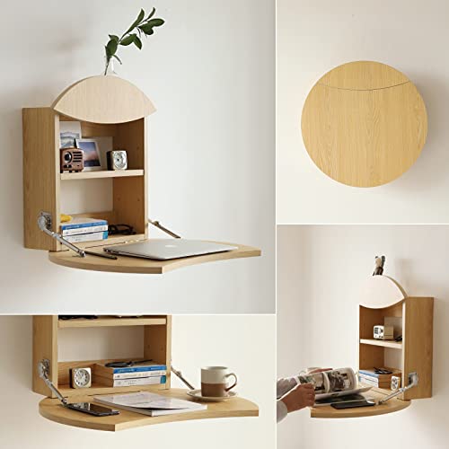 TRENDBOX Round Wall Mounted Desks Home Office Desks Folding Vanity Desk Small Desks for Small Spaces Desks for Makeup with Storage (Khaki)