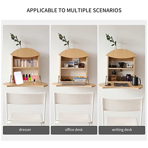 TRENDBOX Round Wall Mounted Desks Home Office Desks Folding Vanity Desk Small Desks for Small Spaces Desks for Makeup with Storage (Khaki)