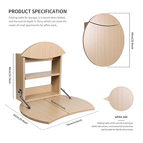 TRENDBOX Round Wall Mounted Desks Home Office Desks Folding Vanity Desk Small Desks for Small Spaces Desks for Makeup with Storage (Khaki)