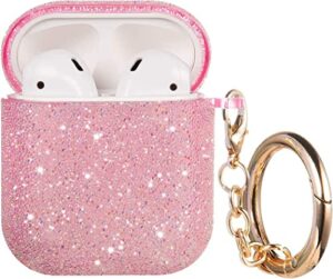 bling airpods case, cute glitte diamond airpod 1st/2rd case cover for girls women, rhinestone airpods protective case with keychain, scratch proof and drop proof (pink)
