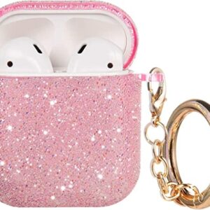 Bling Airpods Case, Cute Glitte Diamond Airpod 1st/2rd Case Cover for Girls Women, Rhinestone Airpods Protective Case with Keychain, Scratch Proof and Drop Proof (Pink)