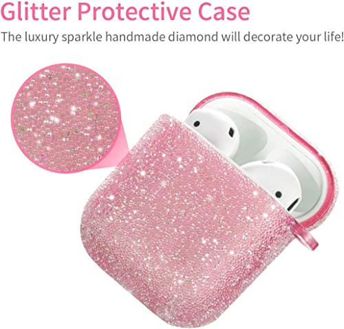 Bling Airpods Case, Cute Glitte Diamond Airpod 1st/2rd Case Cover for Girls Women, Rhinestone Airpods Protective Case with Keychain, Scratch Proof and Drop Proof (Pink)