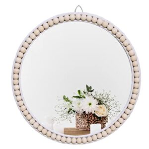 takor 17 inch boho wall mounted mirror, circle decorative hanging mirror,round mirrors with white wooden beads,wall decor for bathroom,living room,bedroom,nursery (17inch)