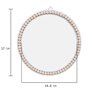 takor 17 Inch Boho Wall Mounted Mirror, Circle Decorative Hanging Mirror,Round Mirrors with White Wooden Beads,Wall Decor for Bathroom,Living Room,Bedroom,Nursery (17inch)