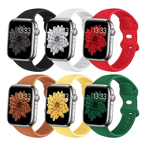 (6 Pack) Sport Band Compatible with Apple Watch Bands 38mm 40mm 41mm 42mm 44mm 45mm 49mm Silicone iWatch Band Ultra 2/Ultra SE Series 9 8 7 6 5 4 3 2 1 Women Men (38mm/40mm/41mm S/M, Red/White/Emerald Green/Sunglow/Brown/Black)