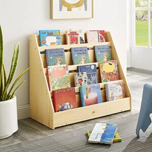 pinewood single-sided bookcase display stand for kid kids storage bookshelf with 4 shelves book rack natural farmhouse pine finish includes hardware