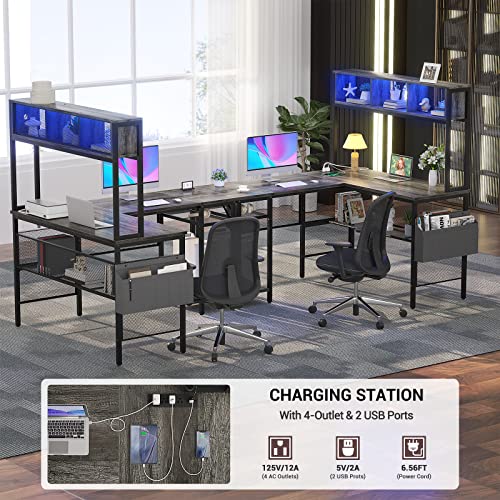 Unikito L Shaped Computer Desk with LED Strip and Power Outlets, Reversible L-Shaped Corner Desk with Storage Shelves and Bag, Industrial Home Office Desk Gaming Table with USB Port, Black Oak