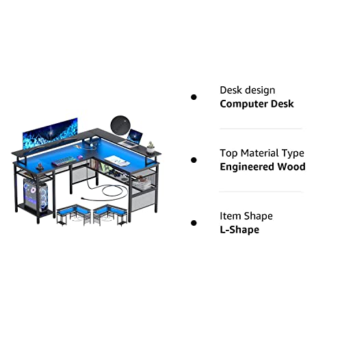 Unikito L Shaped Desk with LED Strip and Power Outlets, Reversible Corner Computer Desks with Monitor Stand and Storage Shelf, Modern Gaming Table, Home Office Desk with USB Ports, Black