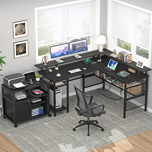 Unikito L Shaped Desk with LED Strip and Power Outlets, Reversible Corner Computer Desks with Monitor Stand and Storage Shelf, Modern Gaming Table, Home Office Desk with USB Ports, Black