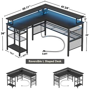 Unikito L Shaped Desk with LED Strip and Power Outlets, Reversible Corner Computer Desks with Monitor Stand and Storage Shelf, Modern Gaming Table, Home Office Desk with USB Ports, Black