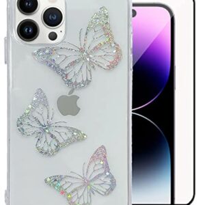 LUSAMYE iPhone 14 Pro Max Case - Cute Butterfly Design, Clear Glitter Electroplated Cover with Screen Protector for Girls & Women