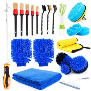 qhecomce 21-piece complete car cleaning tool kit with detail brush set, gloves, towel, and auto drill brush kit for interior and exterior detailing
