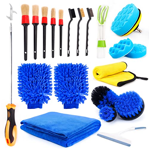 Qhecomce 21-Piece Complete Car Cleaning Tool Kit with Detail Brush Set, Gloves, Towel, and Auto Drill Brush Kit for Interior and Exterior Detailing