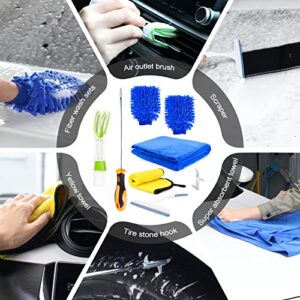 Qhecomce 21-Piece Complete Car Cleaning Tool Kit with Detail Brush Set, Gloves, Towel, and Auto Drill Brush Kit for Interior and Exterior Detailing