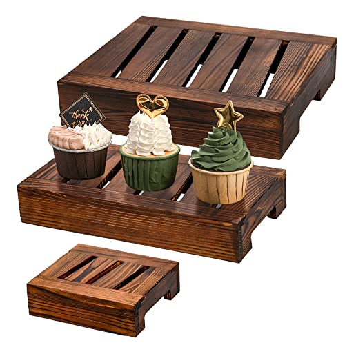 Hiceeden Set of 3 Wood Rustic Cupcake Stand, Rectangle Retail Display Stand Riser, Tiered Stackable Dessert Cake Stand for Appetizer, Party, Countertop, 3 Sizes