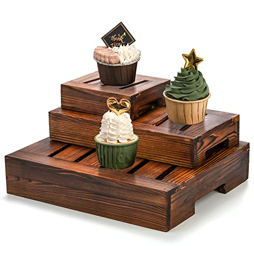 Hiceeden Set of 3 Wood Rustic Cupcake Stand, Rectangle Retail Display Stand Riser, Tiered Stackable Dessert Cake Stand for Appetizer, Party, Countertop, 3 Sizes