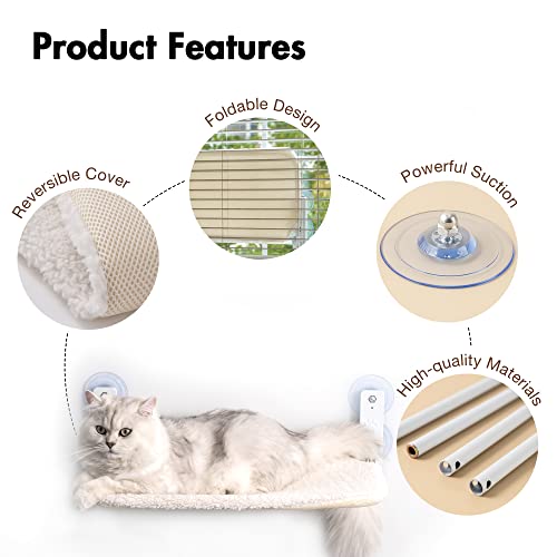 Cat Window Perch Durable Cat Hammock Seat for Indoor Cats Reversible Mat Use Year-Around Foldable Cat Bed Providing All-Around Sunbath Saving Space Washable Holds Up to 40 lbs (Plush Beige)