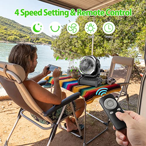 20000mAh Battery Operated Camping Fan, Rechargeable Outdoor Tent Fan with Light & Remote, 4 Speed Auto Oscillating, Runs Up to 60H, Portable Personal Fan for Tent RV Car Travel Hurricane Power Outage