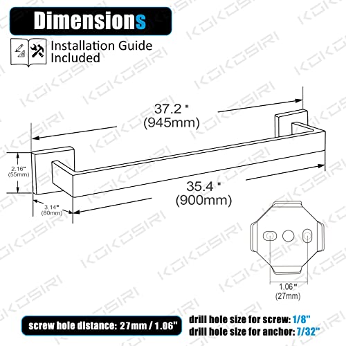 KOKOSIRI 36-Inch Single Towel Bar, Bathroom Towel Holder, Bath Towel Hook Square Robe Hook Coat Hook, Wall Mounted, SUS 304 Stainless Steel, Brushed Steel, B05A3-BR-L36