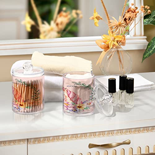 Kigai Unicorn Flower Pink Qtip Holder Dispenser - 14OZ Clear Plastic Apothecary Jars Food Storage Jar with Lids Bathroom Canister Organizer for Coffee, Tea, Candy, Floss (2Pack)