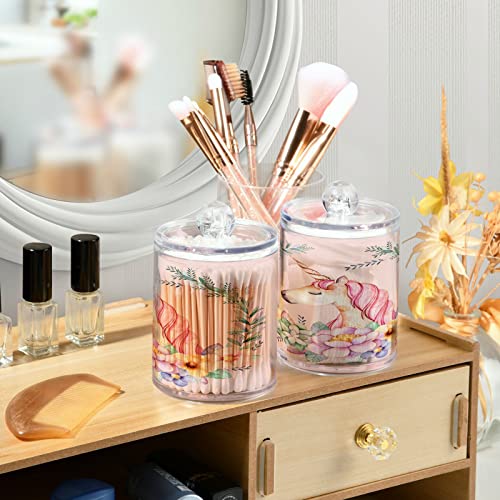 Kigai Unicorn Flower Pink Qtip Holder Dispenser - 14OZ Clear Plastic Apothecary Jars Food Storage Jar with Lids Bathroom Canister Organizer for Coffee, Tea, Candy, Floss (2Pack)