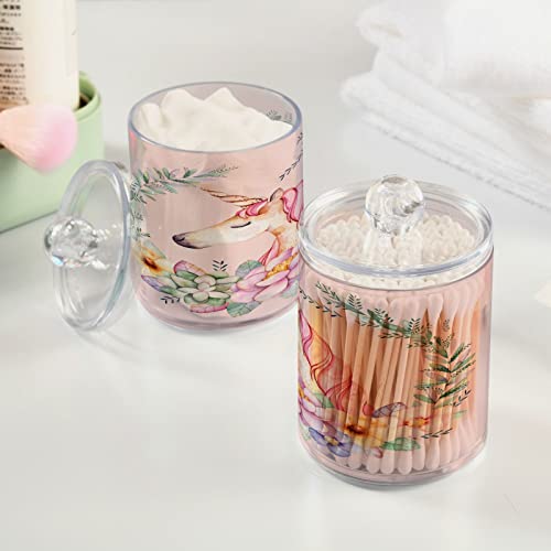 Kigai Unicorn Flower Pink Qtip Holder Dispenser - 14OZ Clear Plastic Apothecary Jars Food Storage Jar with Lids Bathroom Canister Organizer for Coffee, Tea, Candy, Floss (2Pack)