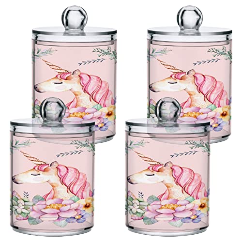 Kigai Unicorn Flower Pink Qtip Holder Dispenser - 14OZ Clear Plastic Apothecary Jars Food Storage Jar with Lids Bathroom Canister Organizer for Coffee, Tea, Candy, Floss (2Pack)