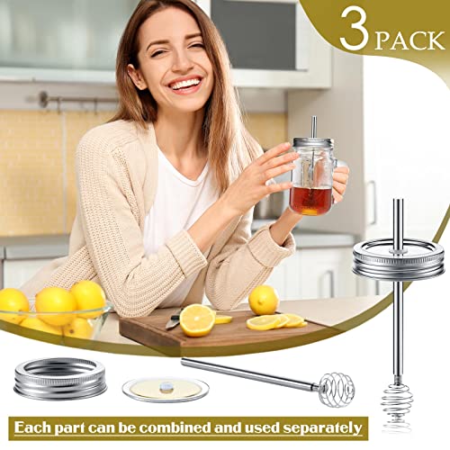 3 Pack Mason Canning Jar Honey Dipper Stainless Steel Honey Dipper Stick Canning Lid Metal Honey Dropper Honey Stirrers Lid Honeycomb Stick Wand Dipper for Regular Mouth Pot Containers Dispenser Syrup