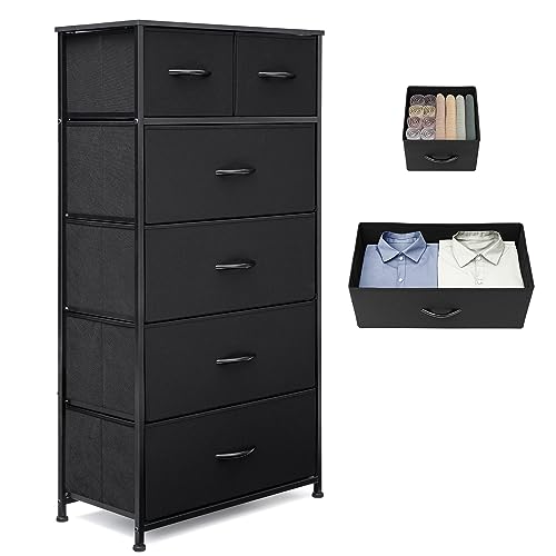 VredHom Fabric Dresser for Bedroom, Tall Skinny Dresser with 6 Drawers, Storage Organizer Tower, Steel Frame Wooden Top for Closet, Living Room, Hallway, Nursery(Black)