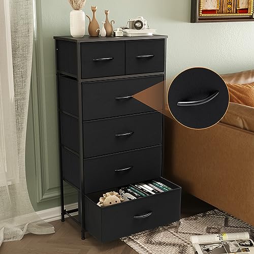 VredHom Fabric Dresser for Bedroom, Tall Skinny Dresser with 6 Drawers, Storage Organizer Tower, Steel Frame Wooden Top for Closet, Living Room, Hallway, Nursery(Black)