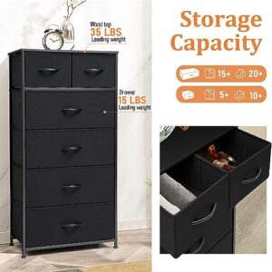 VredHom Fabric Dresser for Bedroom, Tall Skinny Dresser with 6 Drawers, Storage Organizer Tower, Steel Frame Wooden Top for Closet, Living Room, Hallway, Nursery(Black)