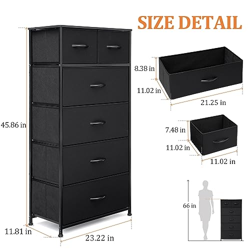 VredHom Fabric Dresser for Bedroom, Tall Skinny Dresser with 6 Drawers, Storage Organizer Tower, Steel Frame Wooden Top for Closet, Living Room, Hallway, Nursery(Black)