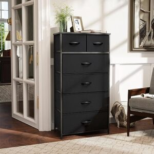 VredHom Fabric Dresser for Bedroom, Tall Skinny Dresser with 6 Drawers, Storage Organizer Tower, Steel Frame Wooden Top for Closet, Living Room, Hallway, Nursery(Black)