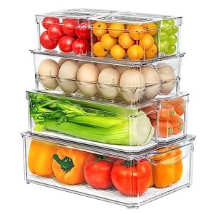 8 pack fridge organizer with egg holder, stackable refrigerator organizer bins with lids, fruit storage containers for fridge, bpa-free fridge organizers and storage clear for fruits, vegetable, food