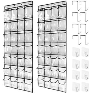 tidymaster 28 large 2 pack transparent pockets over the door shoe organizer sturdy hanging shoe rack for door closet sneakers or accessories, 8 hooks（white）