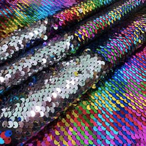 Reversible Sequin Fabric by The Yard Rainbow to Silver Flip Up Sequins Rainbow Two Tone Changing Color Fabric Glitter Fabric for Sewing Rainbow Mermaid Fabric