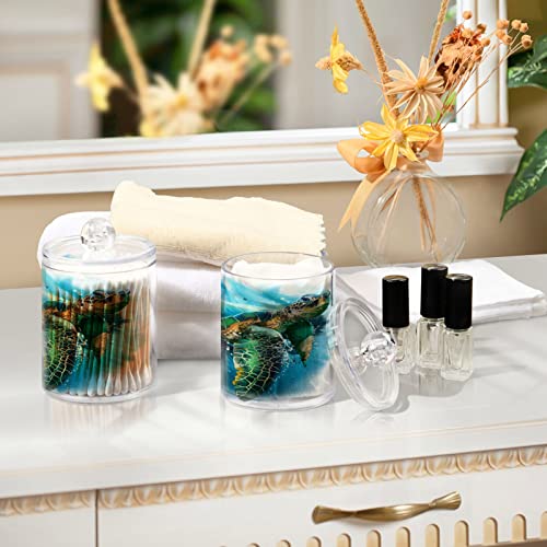 WELLDAY Apothecary Jars Bathroom Storage Organizer with Lid - 14 oz Qtip Holder Storage Canister, Color Sea Turtle (2) Clear Plastic Jar for Cotton Swab, Cotton Ball, Floss Picks, Makeup Sponges,Hair