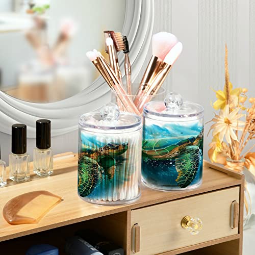WELLDAY Apothecary Jars Bathroom Storage Organizer with Lid - 14 oz Qtip Holder Storage Canister, Color Sea Turtle (2) Clear Plastic Jar for Cotton Swab, Cotton Ball, Floss Picks, Makeup Sponges,Hair