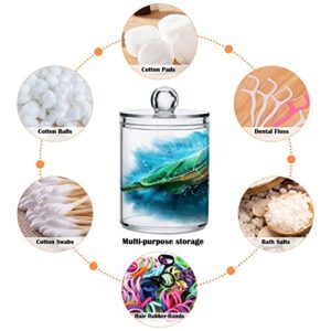 WELLDAY Apothecary Jars Bathroom Storage Organizer with Lid - 14 oz Qtip Holder Storage Canister, Color Sea Turtle (2) Clear Plastic Jar for Cotton Swab, Cotton Ball, Floss Picks, Makeup Sponges,Hair