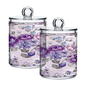 wellday apothecary jars bathroom storage organizer with lid - 14 oz qtip holder storage canister, retro purple flowers clear plastic jar for cotton swab, cotton ball, floss picks, makeup sponges,hair
