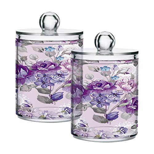 WELLDAY Apothecary Jars Bathroom Storage Organizer with Lid - 14 oz Qtip Holder Storage Canister, Retro Purple Flowers Clear Plastic Jar for Cotton Swab, Cotton Ball, Floss Picks, Makeup Sponges,Hair