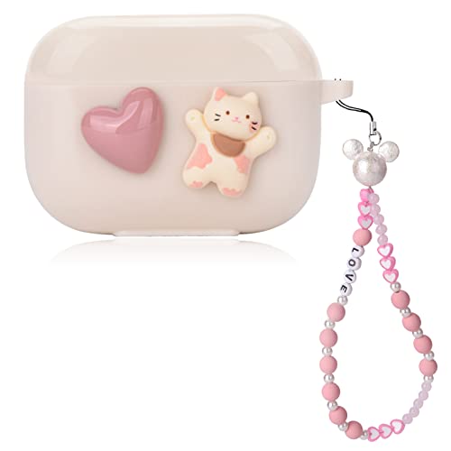 Cute Love Heart Cat AirPod Pro Case with Pink Pearl Chain Smooth Soft Protective Cover Compatible with AirPods Pro Case for Women and Girls.