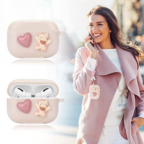 Cute Love Heart Cat AirPod Pro Case with Pink Pearl Chain Smooth Soft Protective Cover Compatible with AirPods Pro Case for Women and Girls.