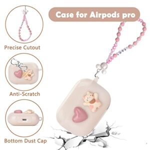 Cute Love Heart Cat AirPod Pro Case with Pink Pearl Chain Smooth Soft Protective Cover Compatible with AirPods Pro Case for Women and Girls.