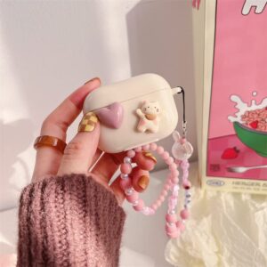 Cute Love Heart Cat AirPod Pro Case with Pink Pearl Chain Smooth Soft Protective Cover Compatible with AirPods Pro Case for Women and Girls.