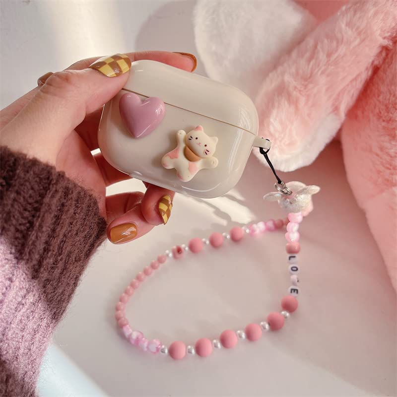 Cute Love Heart Cat AirPod Pro Case with Pink Pearl Chain Smooth Soft Protective Cover Compatible with AirPods Pro Case for Women and Girls.