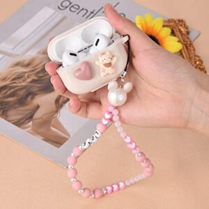 Cute Love Heart Cat AirPod Pro Case with Pink Pearl Chain Smooth Soft Protective Cover Compatible with AirPods Pro Case for Women and Girls.