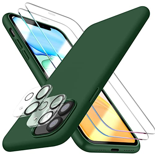 JTWIE [5 in 1 for iPhone 11 Case 6.1 inch, with 2 Pack Screen Protector + 2 Pack Camera Lens Protector, Liquid Silicone Slim Shockproof Protective Phone Case [Microfiber Lining]… (Alpine Green)